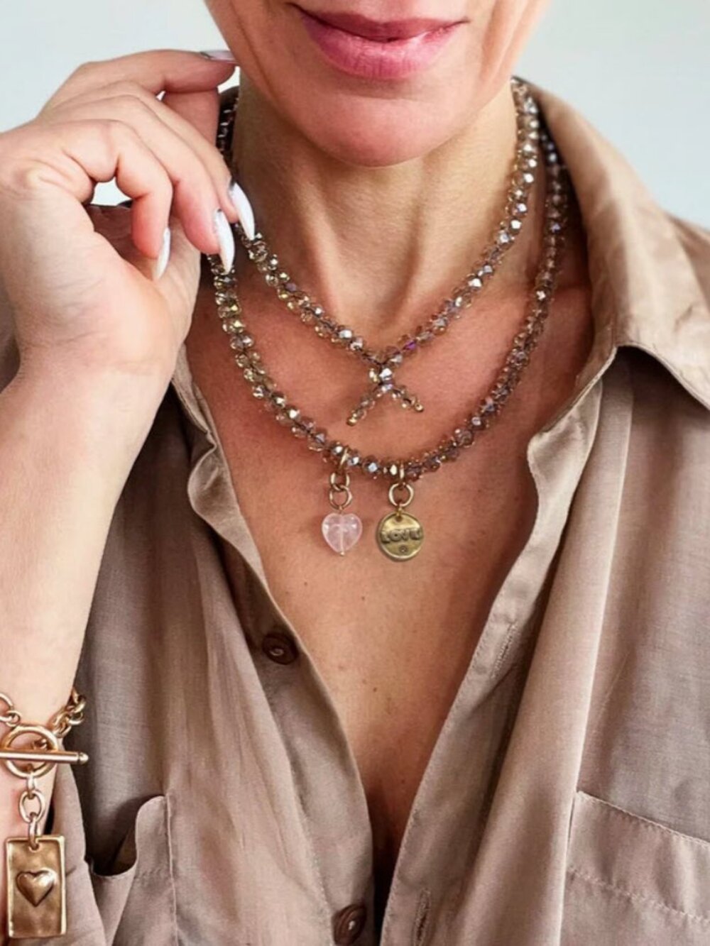 Katia Designs "LOVE" Crystal Boho Wrap Bracelet Necklace In One Rose Quartz